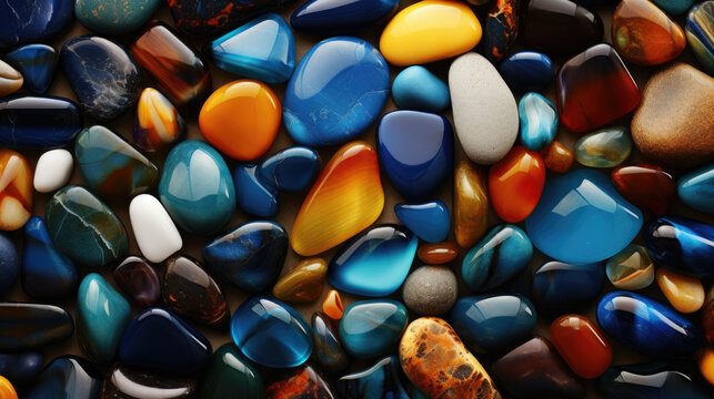Collection of colorful polished stones showcasing diverse textures and shades ideal for design inspiration.
