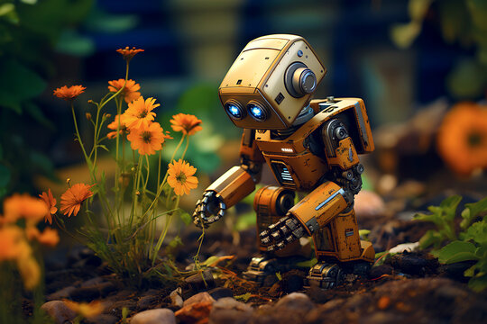 A cute cartoon 3d robot plants flowers in garden on blurred dark background