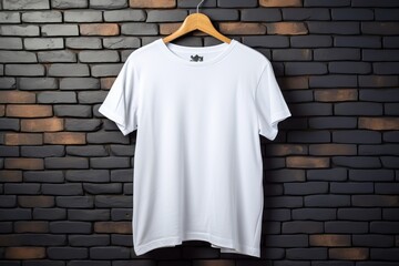 background brick tshirt White empty t-shirt retail copy space hanger wall textured mock up pattern logotype print nobody blank clothes advertisement colours front top shop store advertising modern