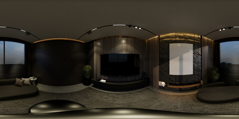 3D illustrations through 360 degree rendering, depict modern living room interiors with minimal black tones
