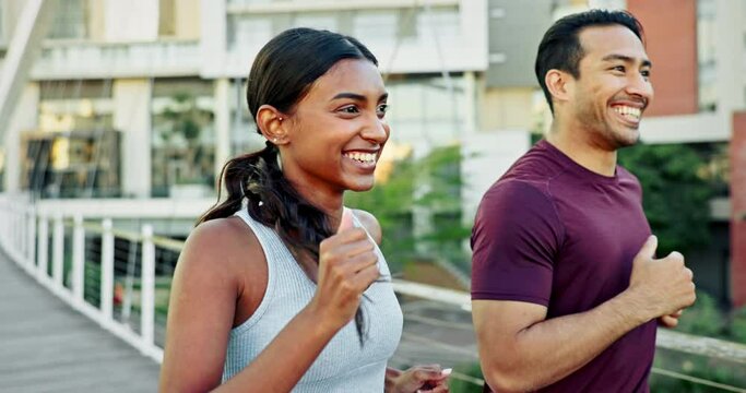 Running, city and couple of friends with fitness, training teamwork and workout on an urban bridge. Excited personal trainer, woman and man runner in race, cardio exercise and accountability outdoor