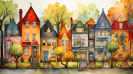 row houses trees path maple story city layers architecture murals illustration vignette colored neighborhood themed inhabited levels - obrazy, fototapety, plakaty