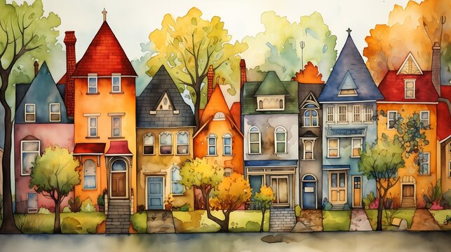 row houses trees path maple story city layers architecture murals illustration vignette colored neighborhood themed inhabited levels