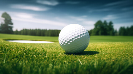 A white golf ball sat on the perfectly manicured green grass