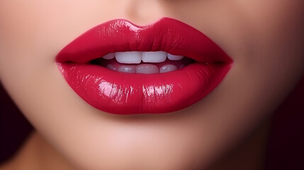 Painted lips with lipstick in close-up.