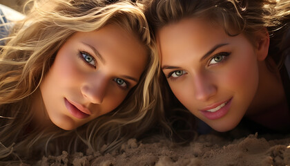 Beautiful loving young lesbian couple selfie in the middle of the beach - obrazy, fototapety, plakaty