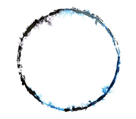 watercolor painting round circle black ink and blue abstract hand drawn. png background. asian style.	