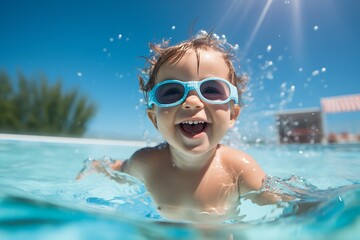 Cute little boy smiling in sunglasses in the pool on a sunny day. Cute baby boy with goggles in the swimming pool having fun. Summer vacation concept. - obrazy, fototapety, plakaty