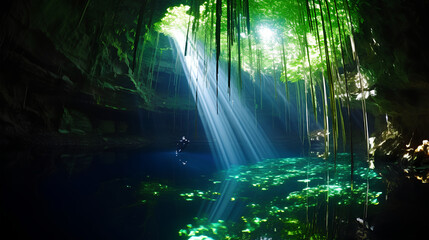 sun light on the forest cave water
