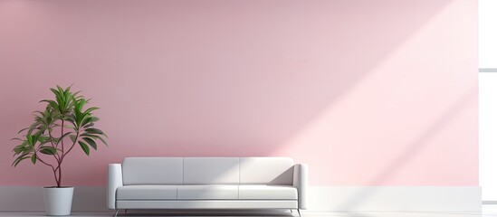 Blurred figure against wall in flat interior with white painting, plant, and pink couch. Actual image.