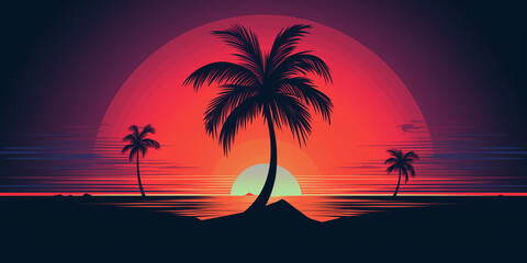 A minimalistic outline of a palm tree against a colorful sunset, symbolizing tropical summer vibes.