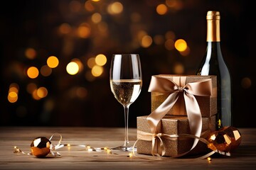 New Year and Christmas background, a bottle of champagne, a gift box in a gold wrapper and champagne in a glass, on a background of bokeh and holiday lights