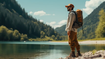 Man with tourist backpack and forest landscape. Generative AI