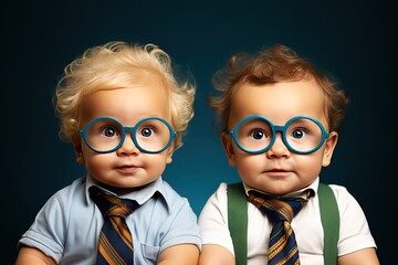glasses wearing boys babies twins Two fashion twin goggles face portrait youth photogenic funky head casual attire people posing modern lifestyle good blue student smart person beauty real skin - obrazy, fototapety, plakaty