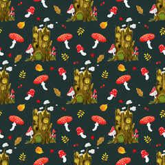 seamless pattern of small forest houses on a dark background