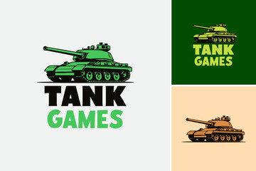 Tank Games logo design template. Perfect for gaming websites, military-themed designs, or any content relating to armored vehicles and video games. - obrazy, fototapety, plakaty