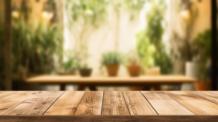 The empty wooden plank table with unfocused background. Exuberant image. generative ai