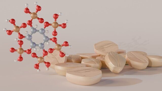 3d rendering of Phytate, also known as phytic acid It's found in seeds, nuts, legumes, and unprocessed whole grains