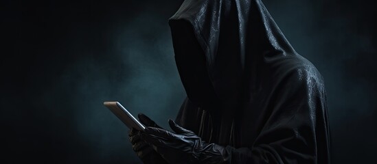 Hooded figure grasping tablet