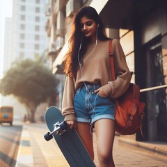 Indian young woman with a skateboard  - obrazy, fototapety, plakaty