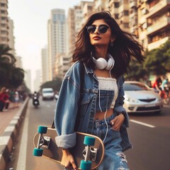 Indian young woman with a skateboard 