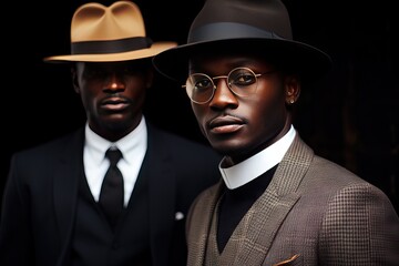 hat co suit Wear models male american african portrait Fashionable men black fashion Two accessory afro beauty boy business businessman classic clothing club confident elegant expensive friends - obrazy, fototapety, plakaty