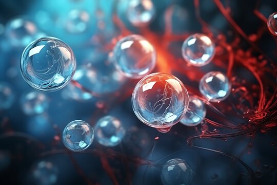 3d rendering of Human Cells or Embryonic. Exploring the Intricacies of Red and Blue Microbes, Molecules, Virus, Bacteria Outbreak,  Brain Cells. A microscopic view of body cells and stem cell research