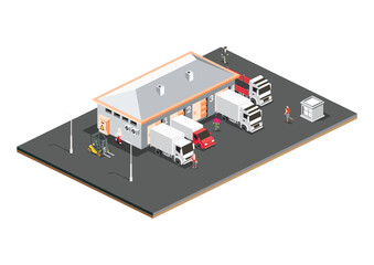 Isometric Distribution Logistic Center. Warehouse Storage Facilities with Trucks Isolated on White Background. Loading Discharging Terminal.