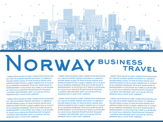 Outline Norway city skyline with blue buildings and copy space. Concept with historic and modern architecture. Norway cityscape with landmarks. Oslo. Stavanger. Trondheim. Bergen.