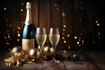 New Year and Christmas background, a bottle of champagne, golden New Year balls and champagne in a glass, on a bokeh background, holiday lights