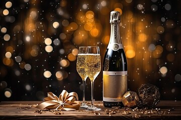 New Year and Christmas background, a bottle of champagne, golden New Year balls and champagne in a glass, on a bokeh background, holiday lights