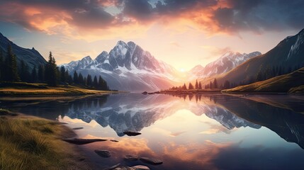 sunset in the mountains at calm lake that creates