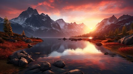 sunset in the mountains at calm lake that creates