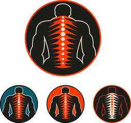The icon of pain in the back, spine of a man. A man of large build. Vector minimalistic icon, logo in different colors
