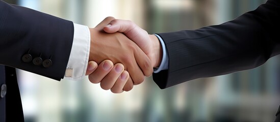 Successful business meeting or hiring in office with corporate executives and new employee collaborating on deal or partnership, shaking hands.