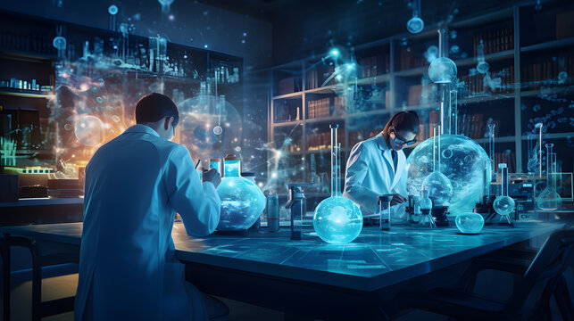 professional health care researchers working in life of medical science laboratory, technology. generative AI.