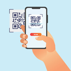 Scanning QR code with a mobile smartphone. Isolated on a white background. QR code payment, E wallet , cashless technology concept.