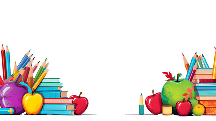 School education seamless border with cartoon school supplies, stationery. Back to school theme design. Isolated on white background. generative AI.