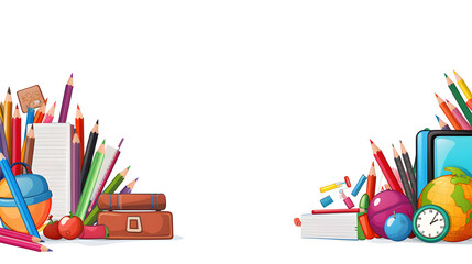 School education seamless border with cartoon school supplies, stationery. Back to school theme design. Isolated on white background. generative AI.