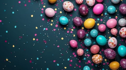 Poster a top view flat lay easter background border with copy space in the middle: dark green table surface, colored eggs and spring decoration © Romana