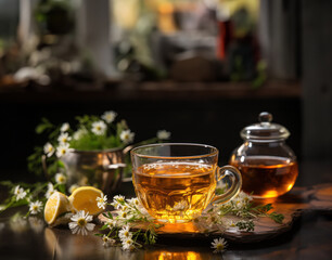  chamomile tea, transparent cup, on the rustic wooden table