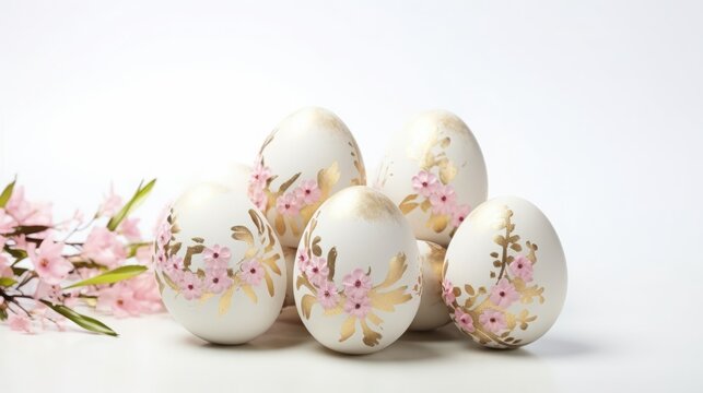 Minimalistic easter background image with copy space: macro of white and gold decorated easter eggs and spring tree willow branch on white background