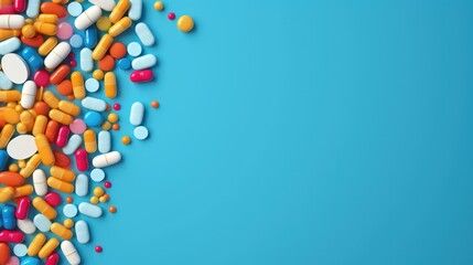 Many colorful pills on a blue background