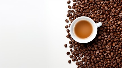 Naklejka premium Arrangement of coffee beans and a coffee cup with space for copy.