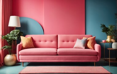 living room features a pink sofa against a blue wall, with a vibrant pop art mid-century style adding a unique touch to the home interior