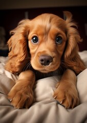 Cute funny cocker spaniel puppy dog curiously and happily looking at the camera on cozy soft bed on bedroom background, funny cute animal portrait.