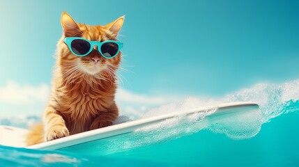 cat with fashion sunglasses surfing in the water, copy space, concept for traveling, summer holidasys.
