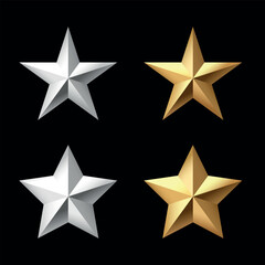 Set of Golden and silver Christmas 3d Star metal glossy bright shine five angle star shape isolated on black Background collection. Icon for holiday design element.