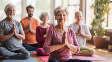 Pilates, wellness and group of senior women doing a mind, body and spiritual exercise in studio. Health, retirement and elderly friends doing yoga workout in zen class for peace, balance and fitness. - Powered by Adobe