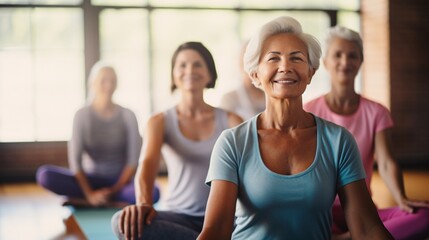 Pilates, wellness and group of senior women doing a mind, body and spiritual exercise in studio. Health, retirement and elderly friends doing yoga workout in zen class for peace, balance and fitness. - obrazy, fototapety, plakaty